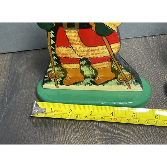 VTG Hand Made Folk Art Textured Santa Claus Skiing Christmas Dummy Board Set/2 - Picture 7 of 7